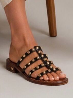 Sam Edelman Glenn Black Leather Studded Slide Sandals Flat Shoes Size 7 -Mint